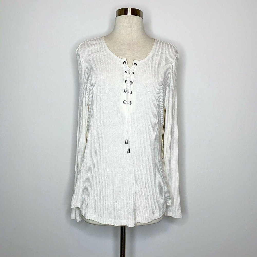 Tribal Jeans Top Women Large White Rib Knit Lace Up Chest Long Sleeve NWT
